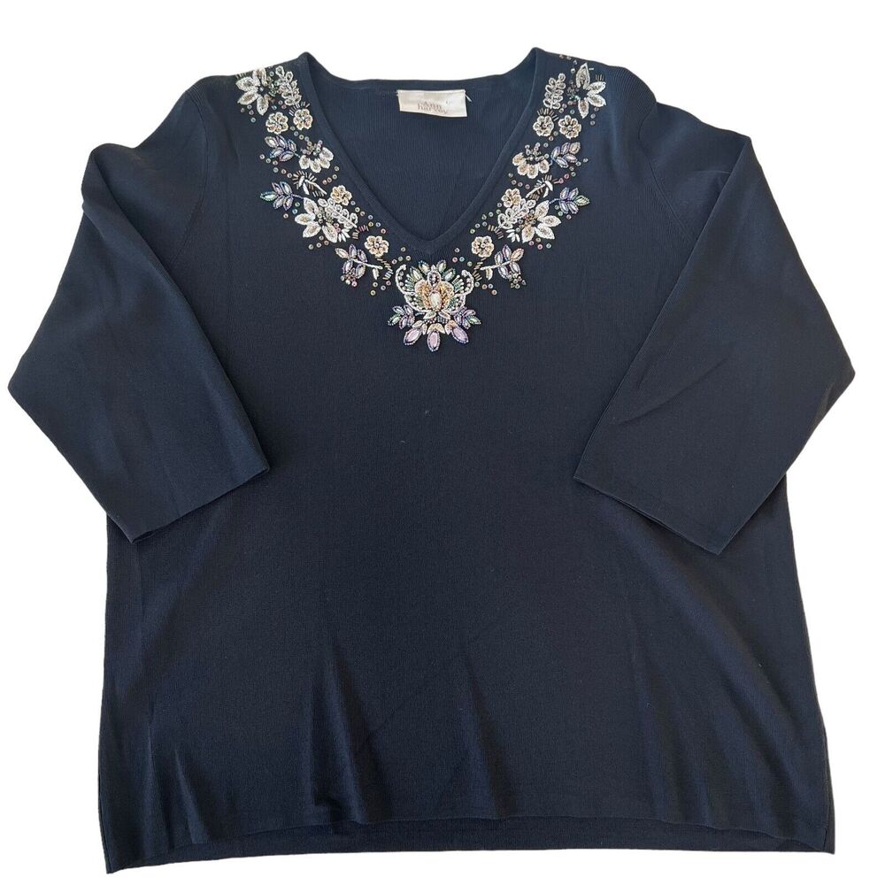 Ann Harvey Black Bejeweled Beaded Sparkle Embroidered Top Sz.‎ 2XL Grannycore